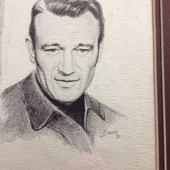 Vintage 1975 Glen Base John Wayne Pencil Sketch Art Framed - Picture 8 of 16